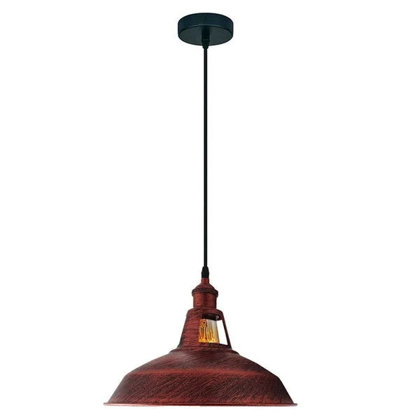 Retro metal barn slotted shade pendant light hanging from ceiling with adjustable cable, compatible with E27 bulb pendant