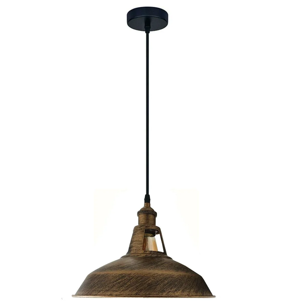 Retro pendant lamp with metal barn slotted shade hanging from ceiling, adjustable cable, warm downlight effect