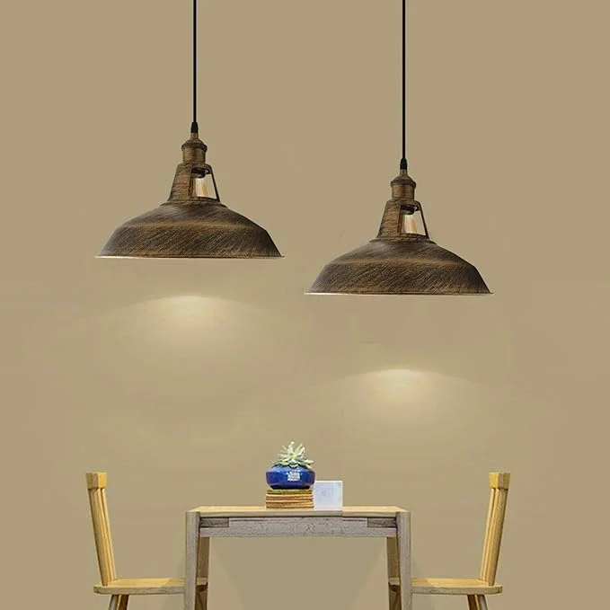 Retro pendant lamp with metal barn slotted shade hanging from adjustable 95cm cable, ceiling mounted downlight design