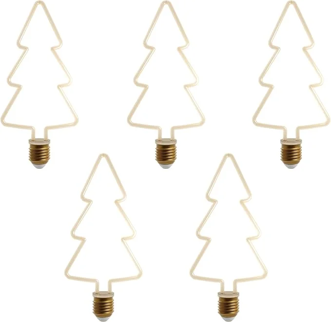 Set of warm white Christmas LED bulbs in star, tree, heart, and snowflake shapes with E27 bases on display