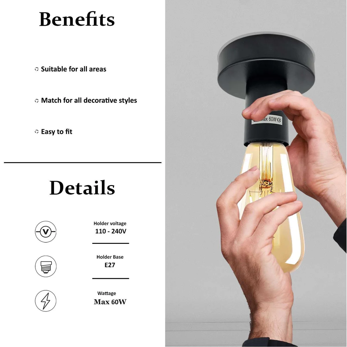 Retro ceiling light fixture in vintage industrial metal with flush mount and E27 bulb holder shown from side angle