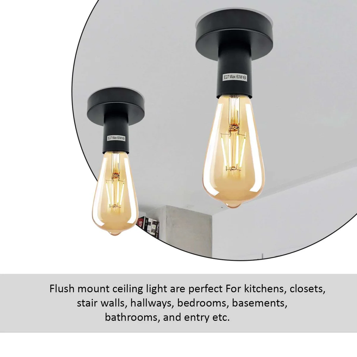 Vintage industrial metal flush ceiling light holder with ES E27 fitting, showing sleek retro design and compact size