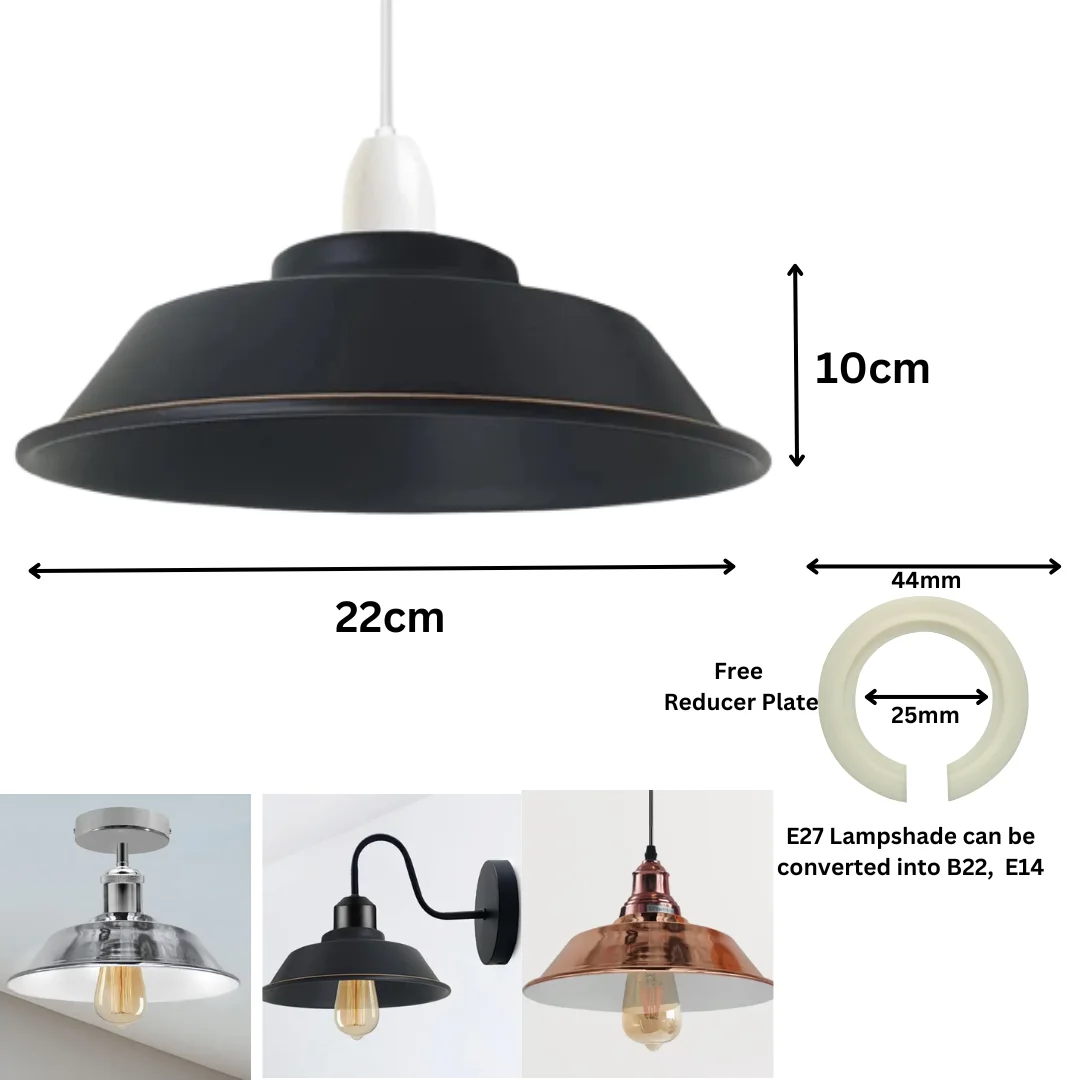 Two curvy metal lampshades with vintage design and reducer plates, suitable for indoor easy-fit installation