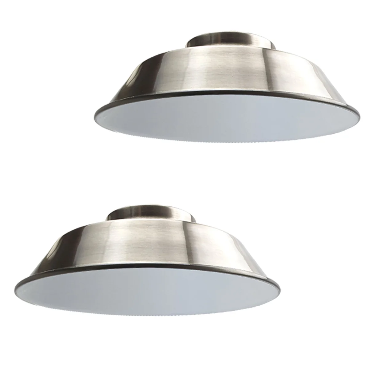 Two vintage metal lampshades with curvy design and reducer plates, shown side by side on a white background