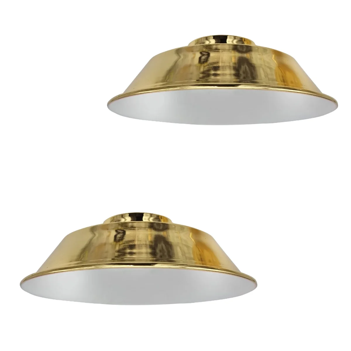 Two curvy indoor lamp shade metal designs with reducer plates, showcasing vintage style and easy fit installation features