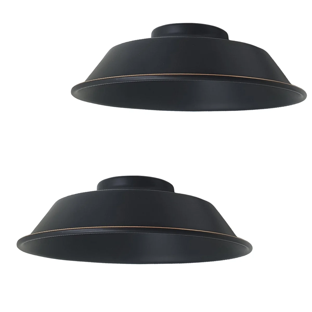 Two curvy industrial metal lamp shades with reducer plates shown side by side on a white background