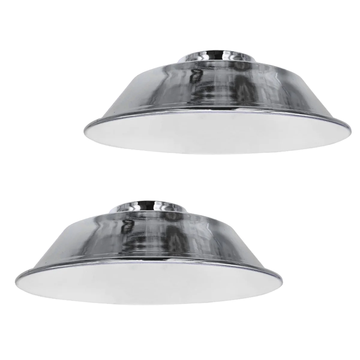 Two curvy industrial metal lamp shades with reducer plates displayed on a white background for easy fit installation