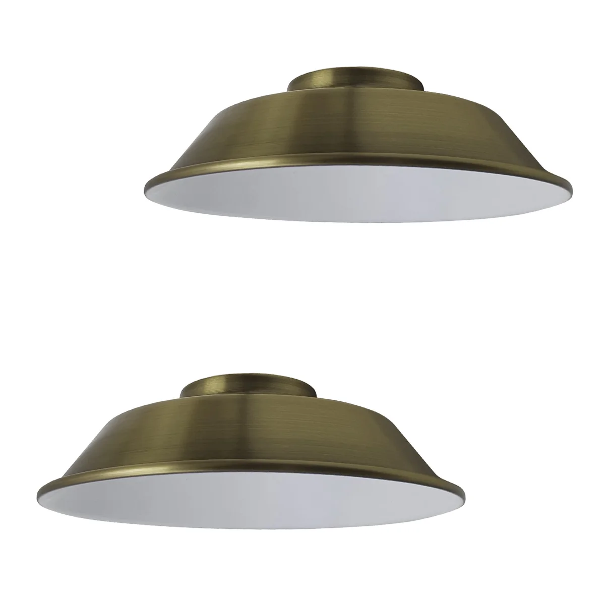Two curvy industrial metal lamp shades with reducer plates shown side by side on a white background