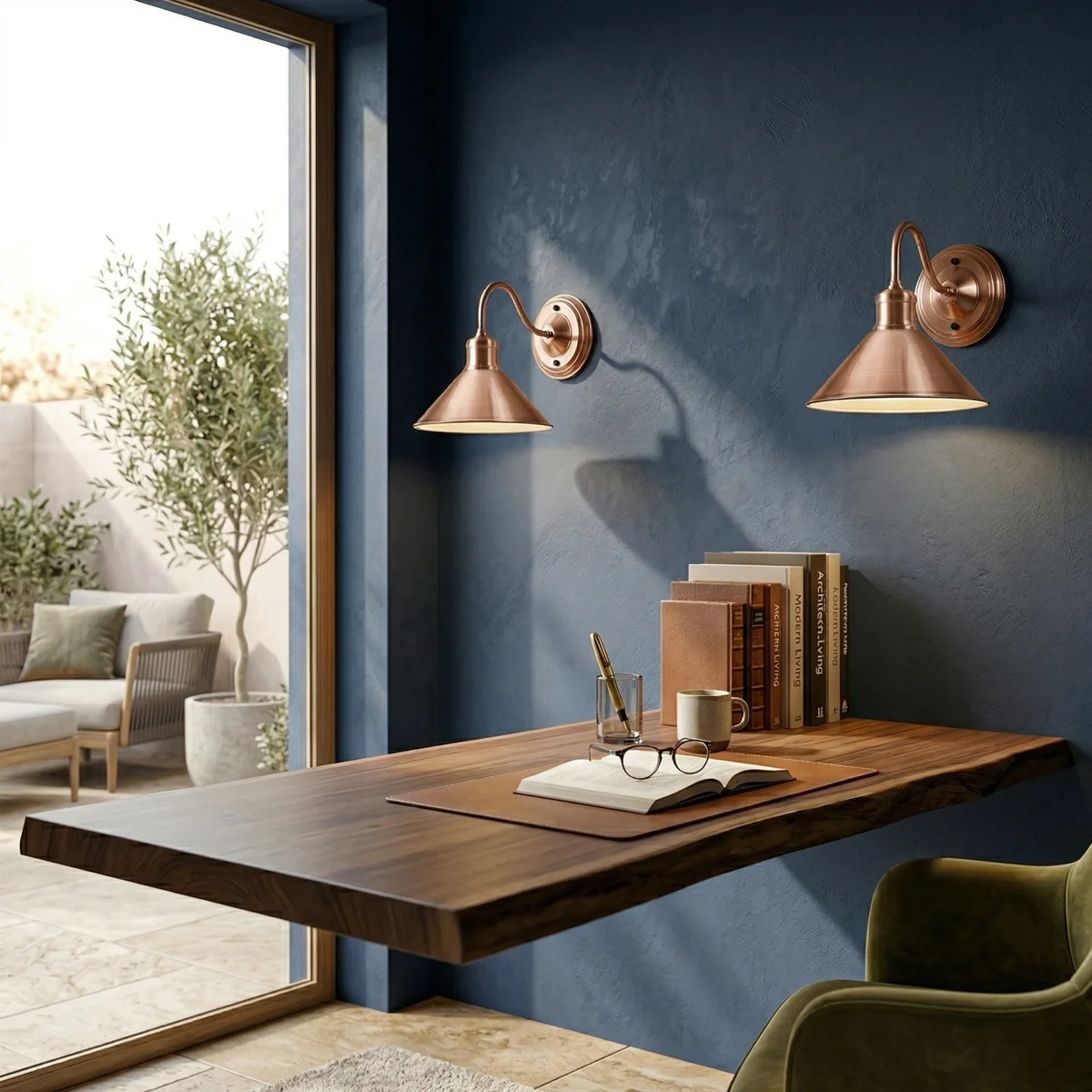 Industrial wall sconce with 22cm wide metal cone shade and 21cm curved arm in matte black finish mounted on wall
