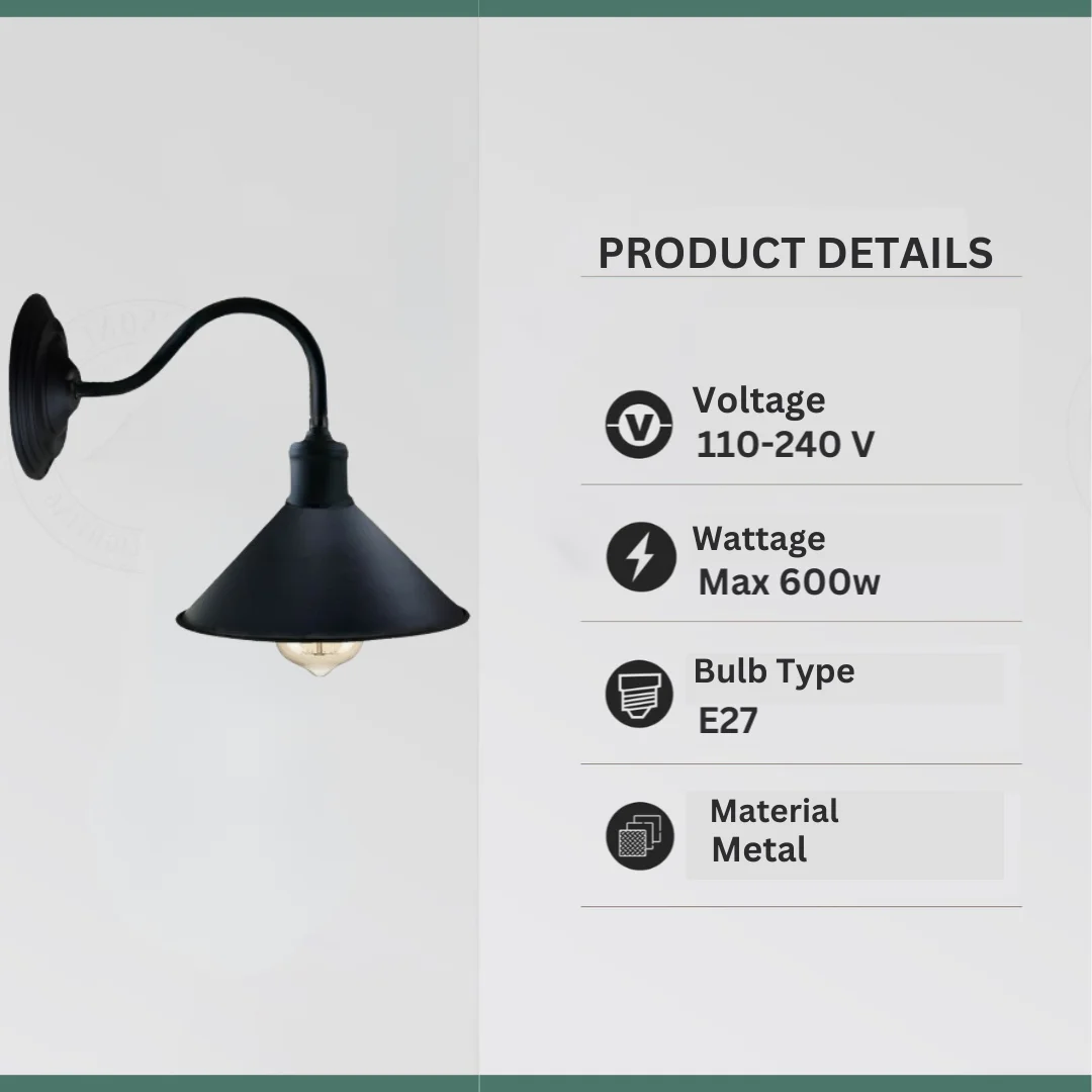 Industrial metal cone E27 wall light fitting with 22cm curved arm and wide-angle conical shade in matte black finish