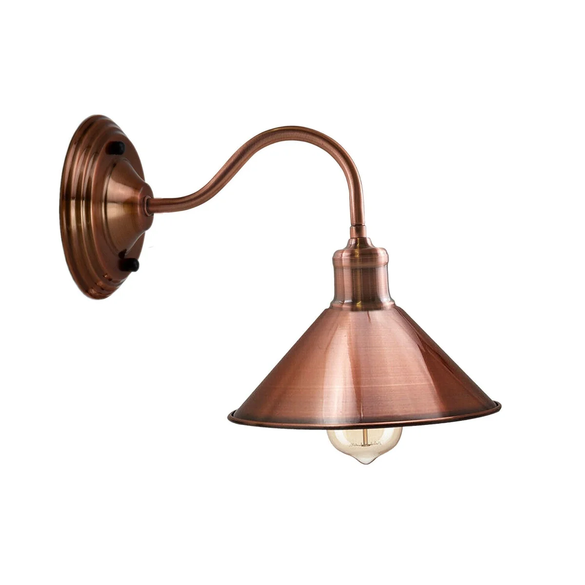 Industrial wall sconce with 22cm wide conical metal shade and curved arm, shown in matte black finish mounted on wall