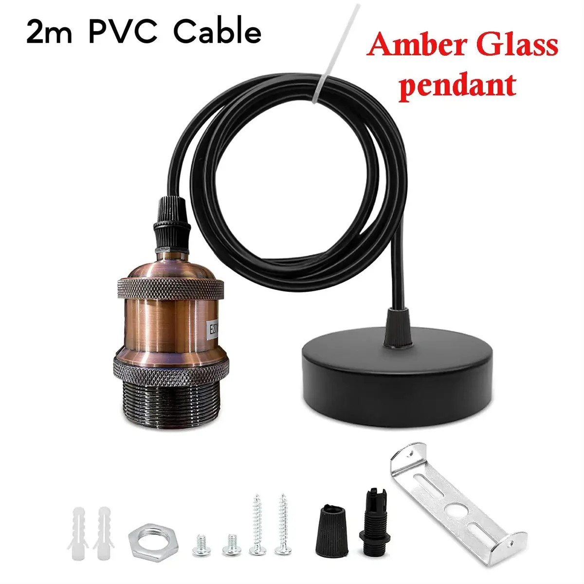 Industrial E27 pendant light with metal holder, adjustable PVC cable, copper finish, ceiling mounted, no bulb included