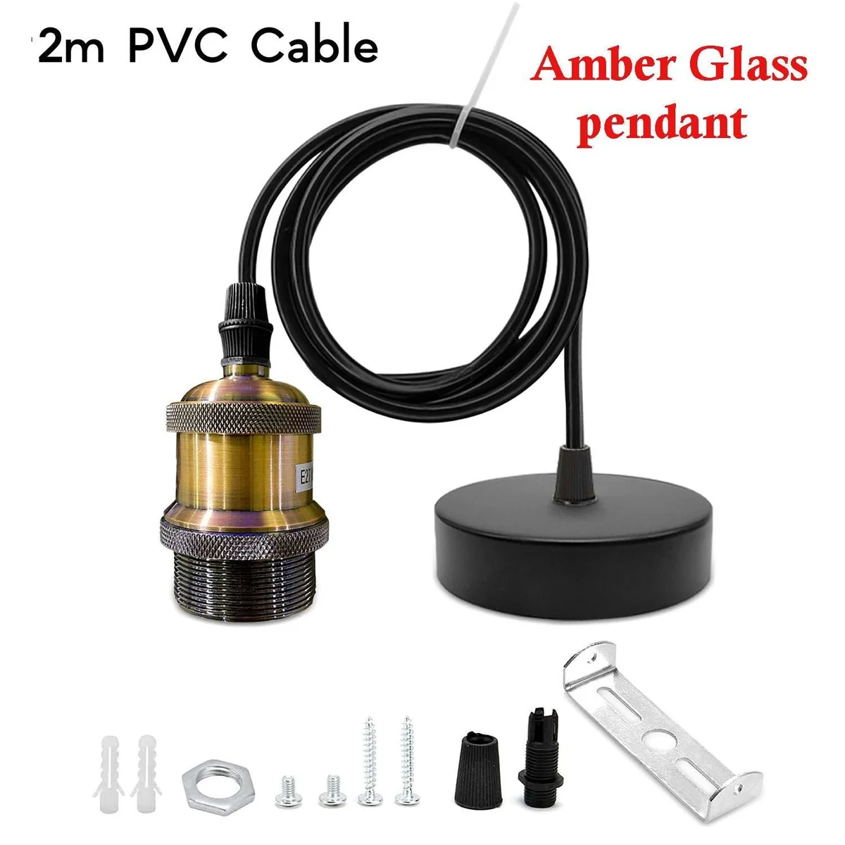 Adjustable pendant light with copper metal holder and 2m PVC cable hanging from ceiling mount, no bulb included
