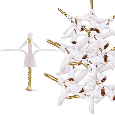 Gray and white butterfly drywall fixings with matching corrosion-resistant steel screws on a white background