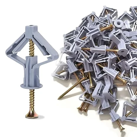 Plasterboard fixings set showing gray butterfly wall plugs and corrosion-resistant steel screws on white background