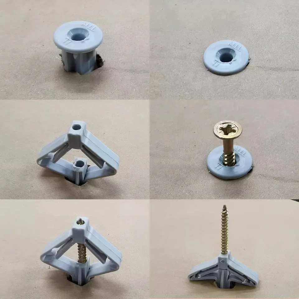 Set of gray and white butterfly wall plugs and screws for plasterboard, showing both sizes and expansion design details