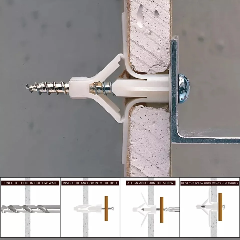 Plasterboard butterfly wall plugs with matching corrosion-resistant steel screws in gray and white, shown on white background