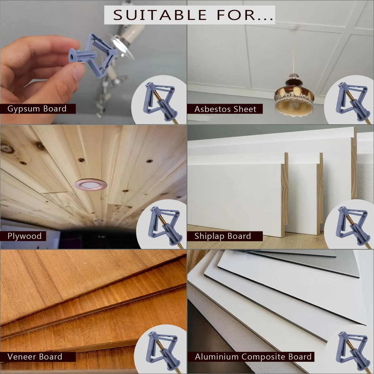Plasterboard butterfly wall plugs with corrosion-resistant steel screws, showing gray and white nylon expansion fixings on white background
