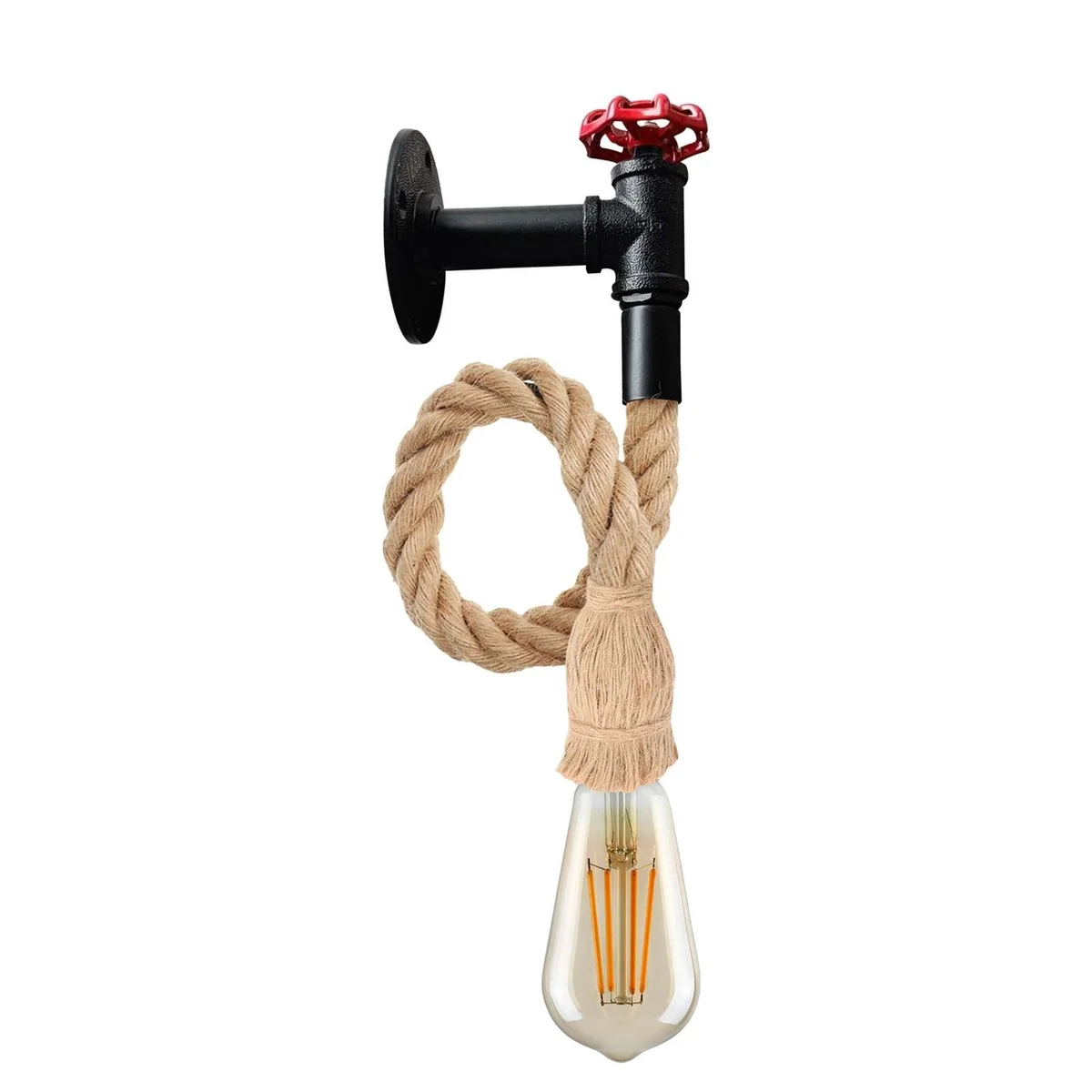 Vintage style hemp rope pendant light with twisted rope cable and metal socket, suitable for indoor ceiling mounting