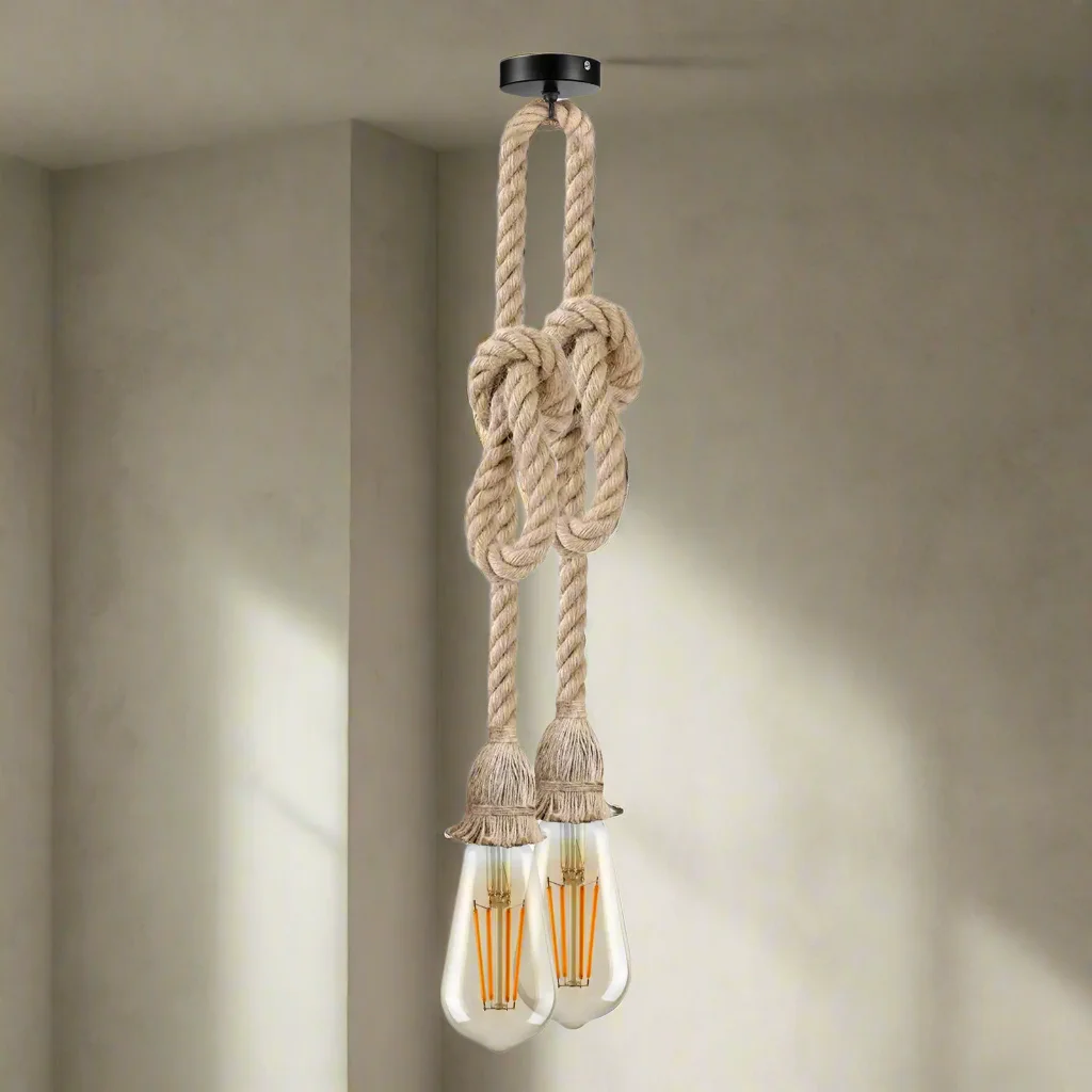 Vintage pendant light with twisted hemp rope-covered cable and metal socket, ceiling mounted with adjustable length