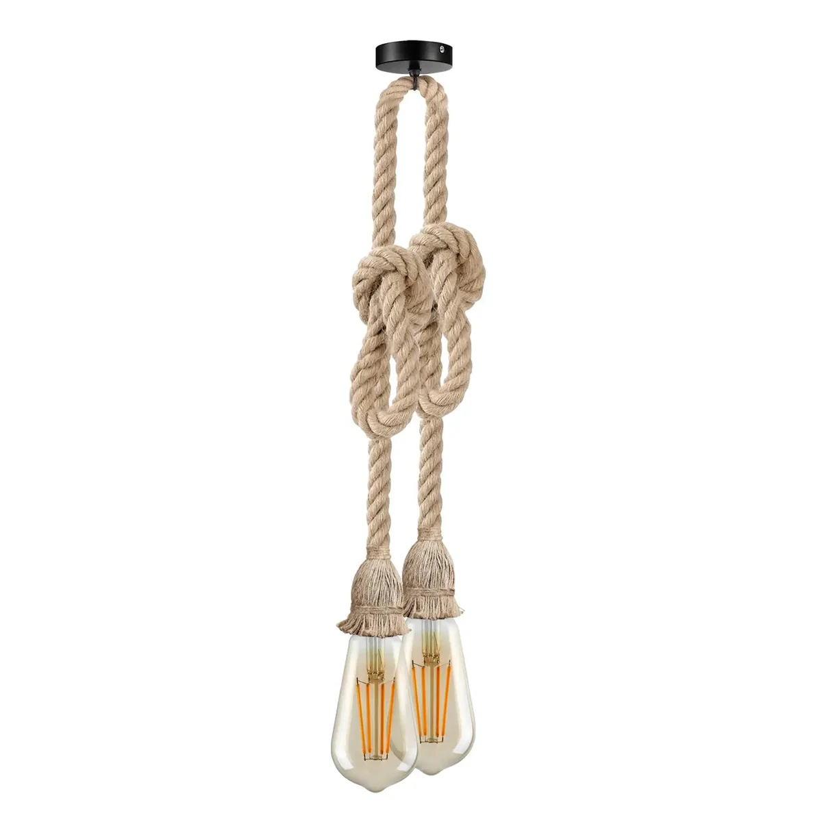 Vintage style adjustable length pendant light with twisted hemp rope cable and metal socket, ceiling mounted design