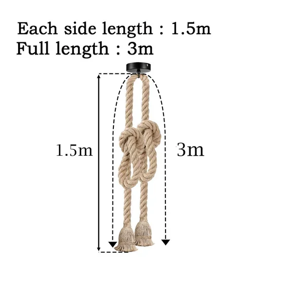 Vintage hemp rope hanging pendant light with adjustable length and E27 bulb pendant light socket, ceiling mounted design
