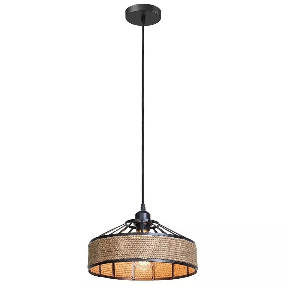 Vintage dimmable ceiling light with twisted hemp rope cable and metal fixture, suitable for indoor use with E27 bulbs
