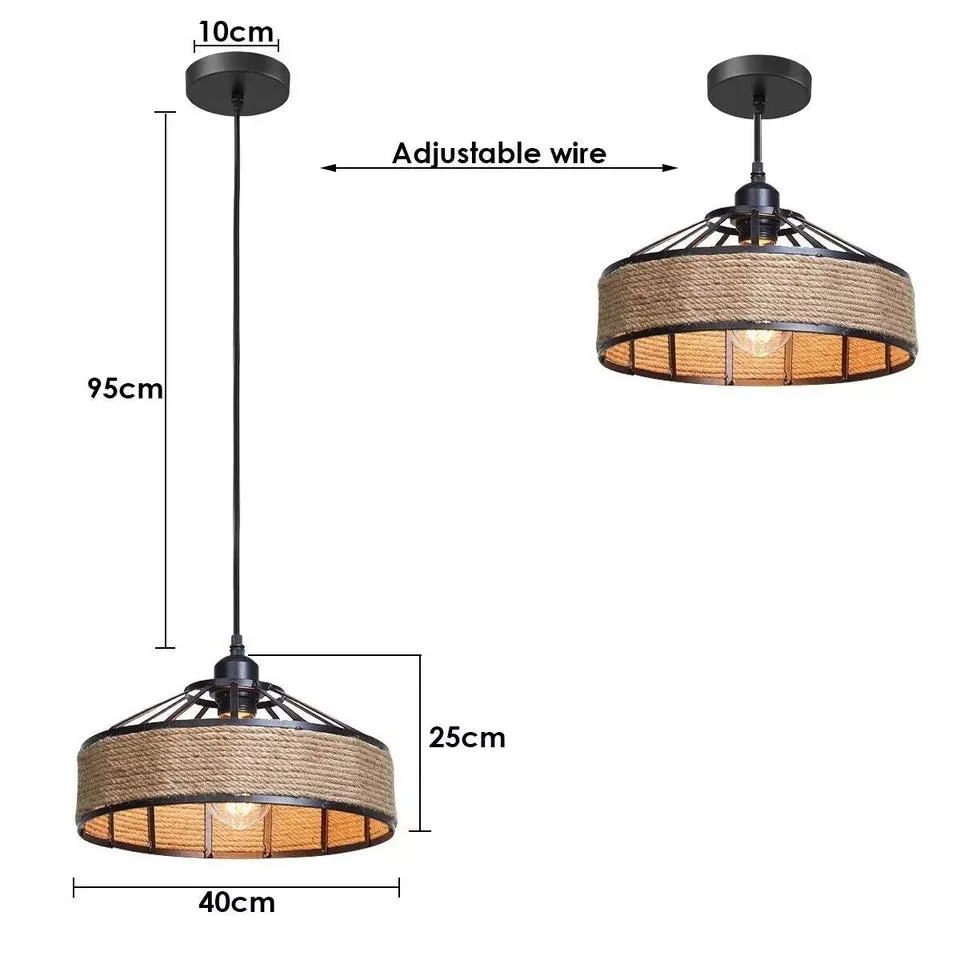 Vintage style indoor rope pendant light with twisted hemp rope and metal socket, ceiling mounted with adjustable length