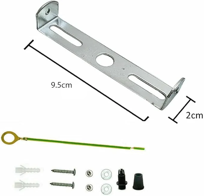 Silver metal ceiling bracket with screws and mounting hardware for 95mm ceiling rose strap side fitting bracket installation