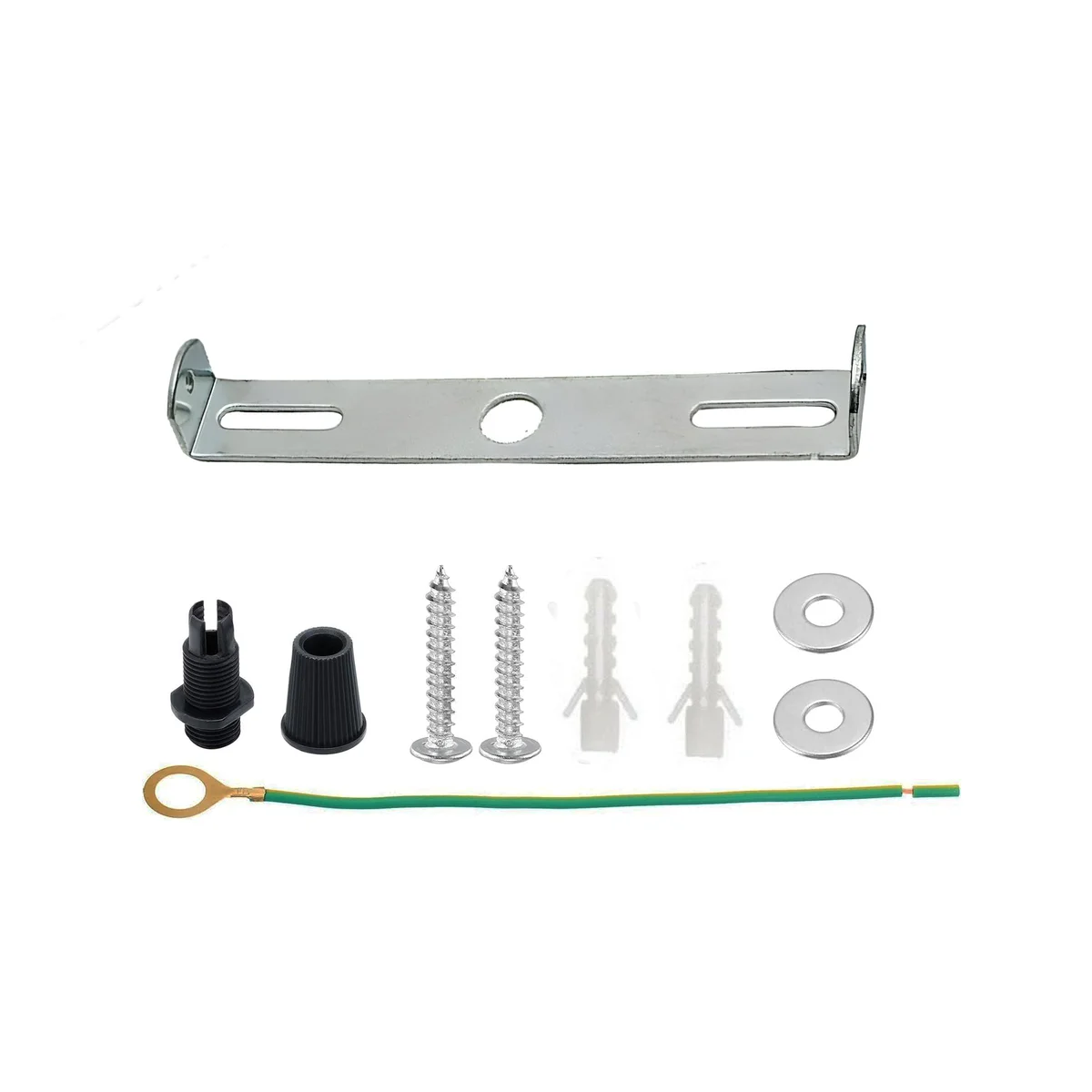 Silver ceiling plate strap side fitting bracket with mounting hardware including screws and wall plugs on white background