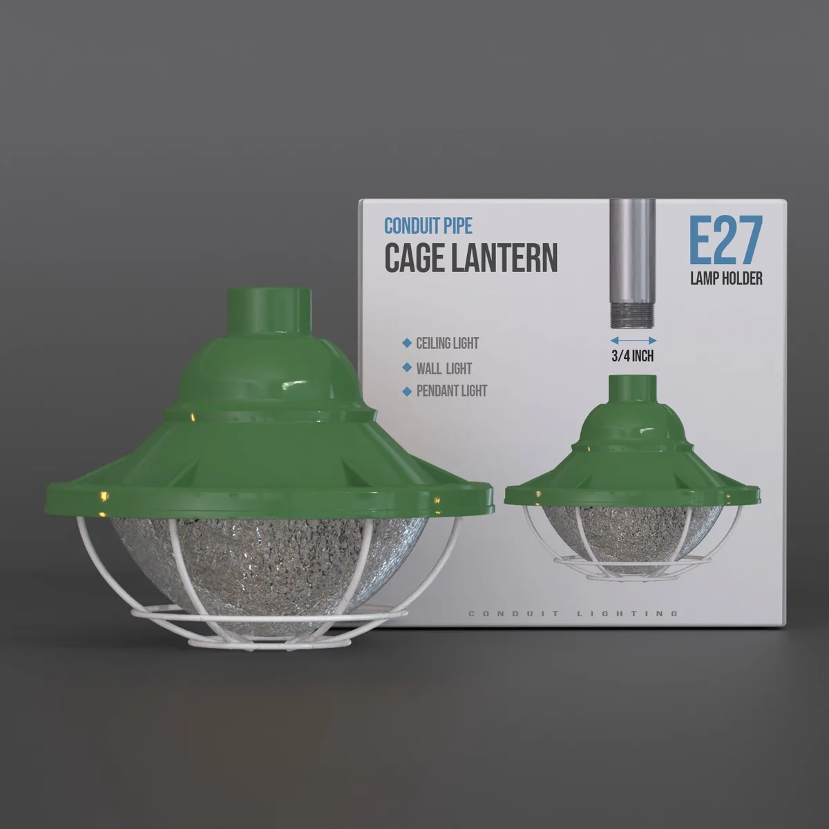 Industrial pendant light with rugged metal wire cage and polished pipe-style frame for 3/4 inch conduit installation