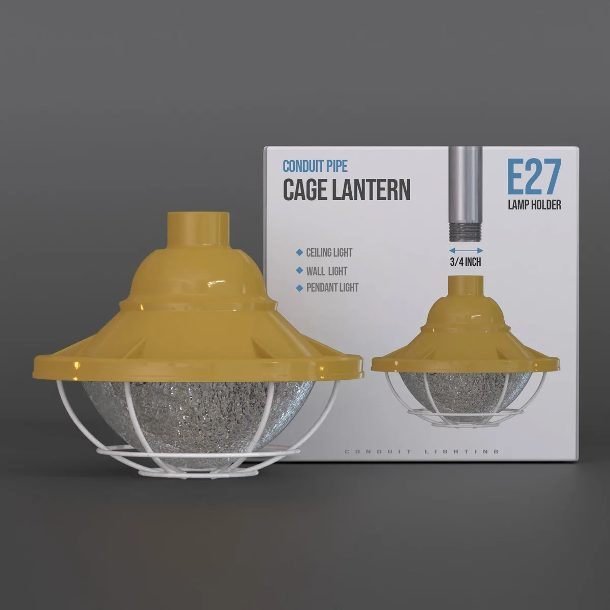 Industrial pendant light with polished metal wire cage and pipe-style frame, designed for 3/4-inch conduit installation
