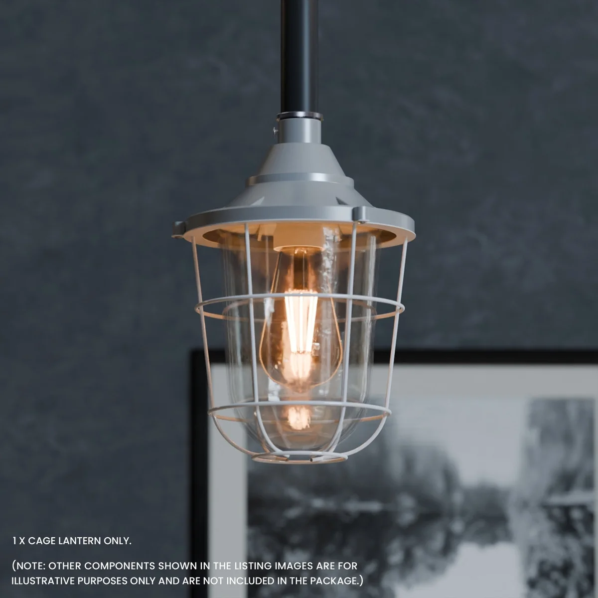 Yellow industrial wall light with frosted glass shade and metal cage in conduit pipe design mounted on wall