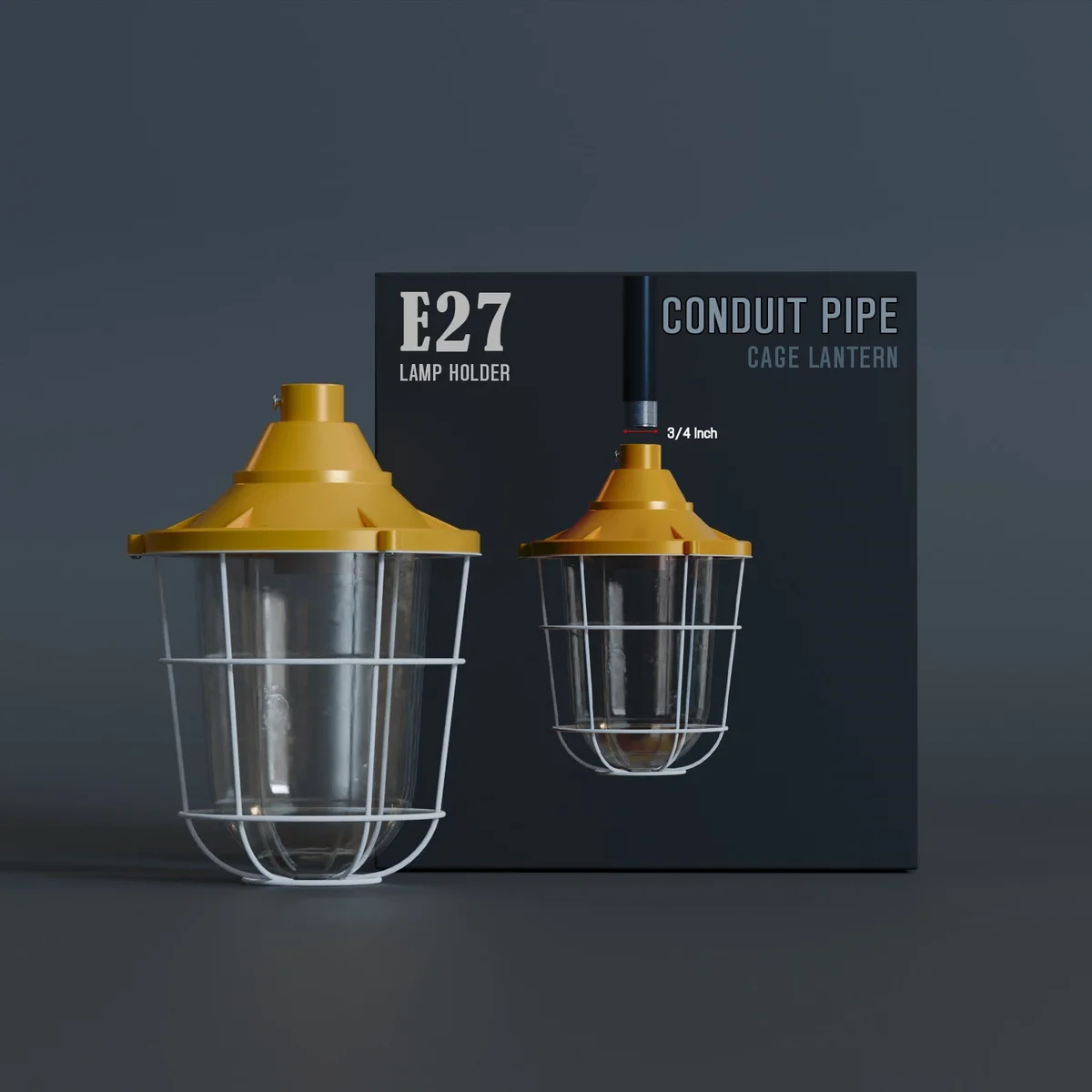 Yellow conduit pipe light with frosted glass shade and metal cage wall lantern in industrial style