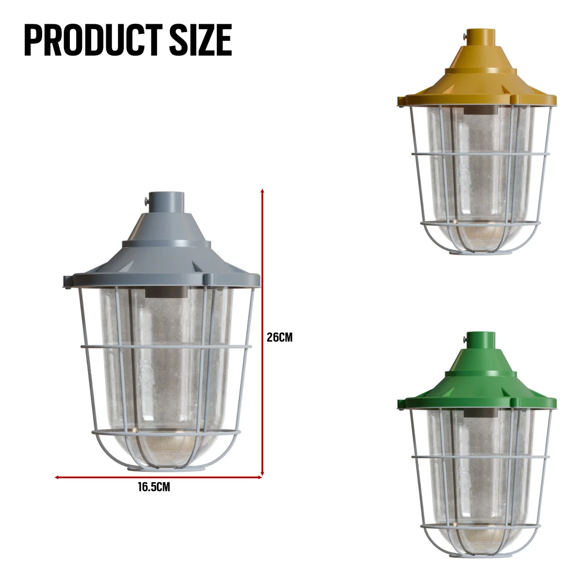 Green caged wall lantern with frosted glass and metal cage in an industrial conduit pipe design mounted on a wall