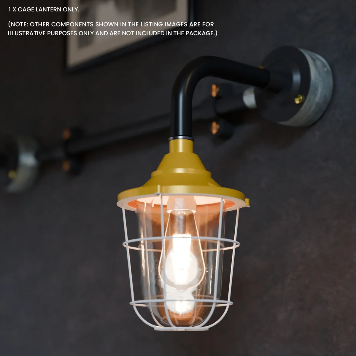 Green industrial wall lantern with metal cage and frosted glass light shade in Victorian conduit pipe style