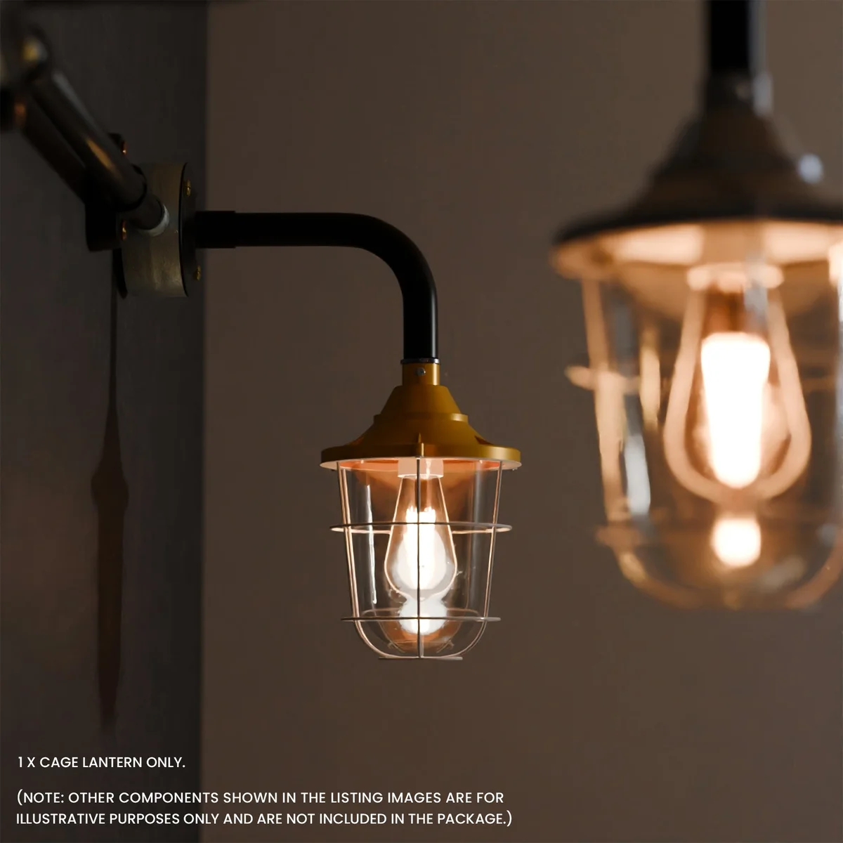 Frosted glass wall lantern with green removable cage light and industrial conduit pipe design, weather-resistant metal frame