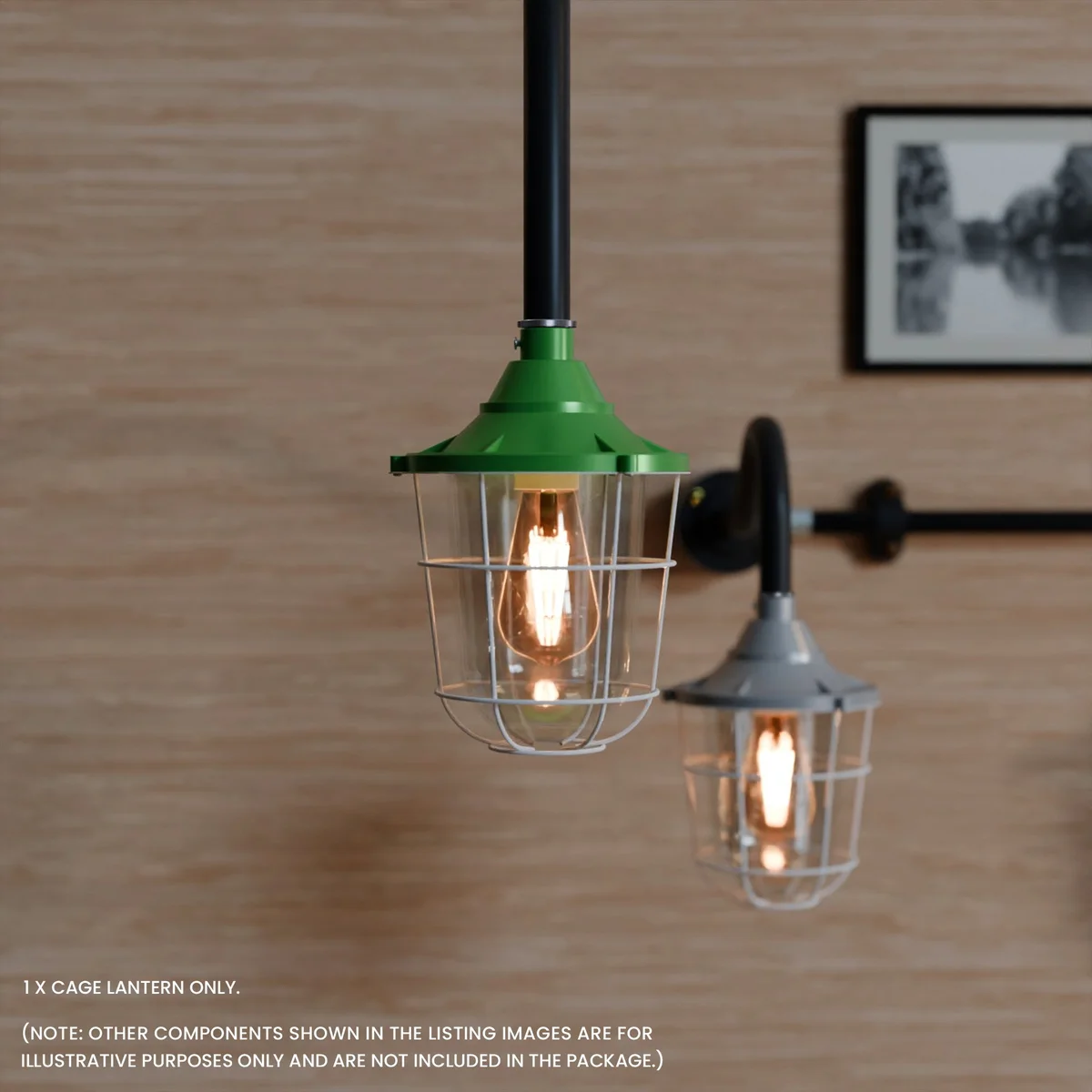 Green industrial-style outdoor wall light with frosted glass and metal cage on a white background