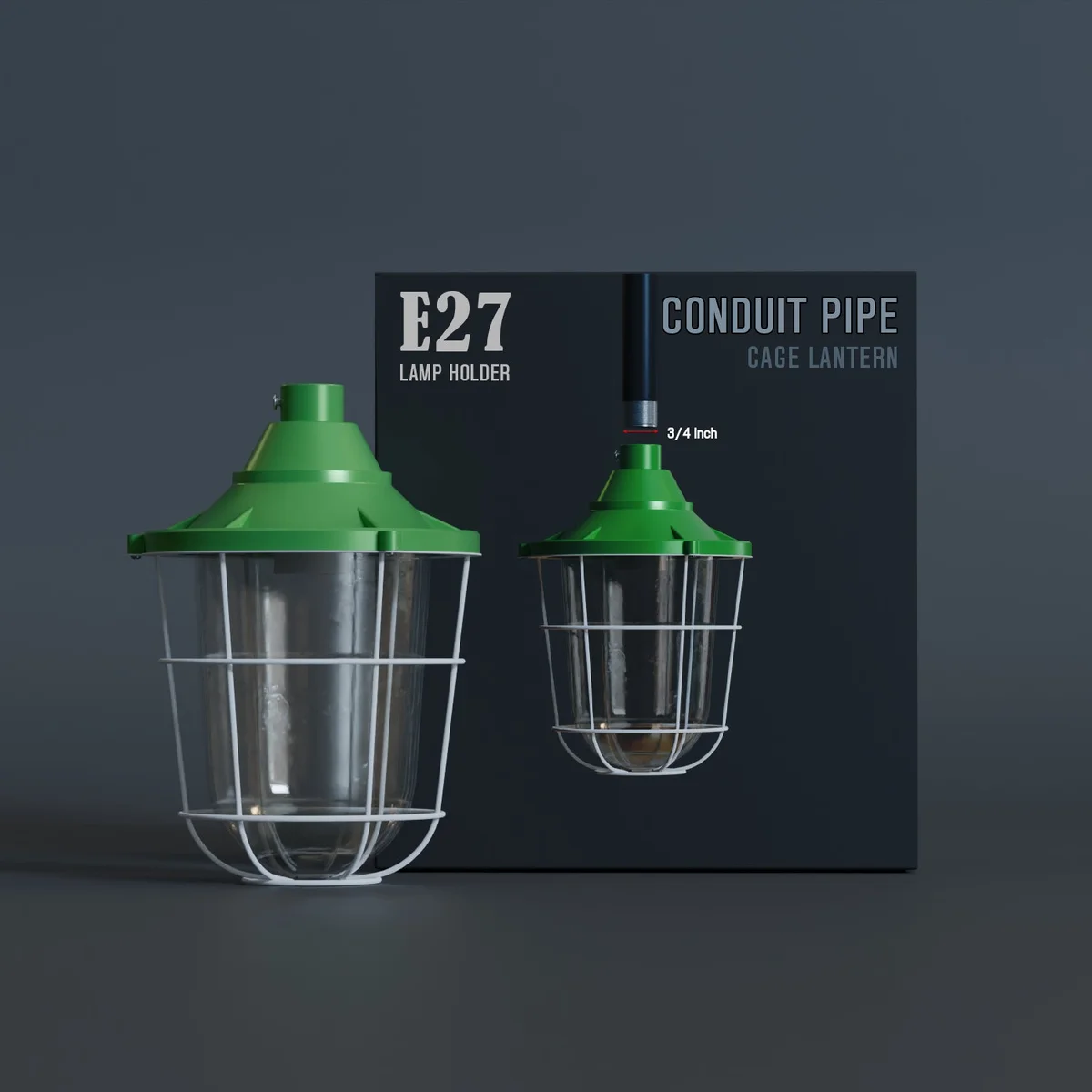 Green industrial wall light with frosted glass shade and metal cage mounted on a wall with 3/4" entry conduit pipe