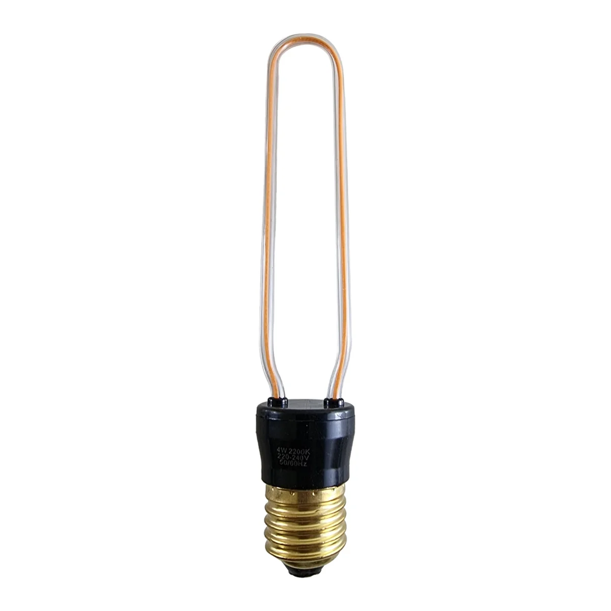 Retro Edison LED bulb with flexible filament, warm yellow glow, E27 base, vintage decorative style on white background