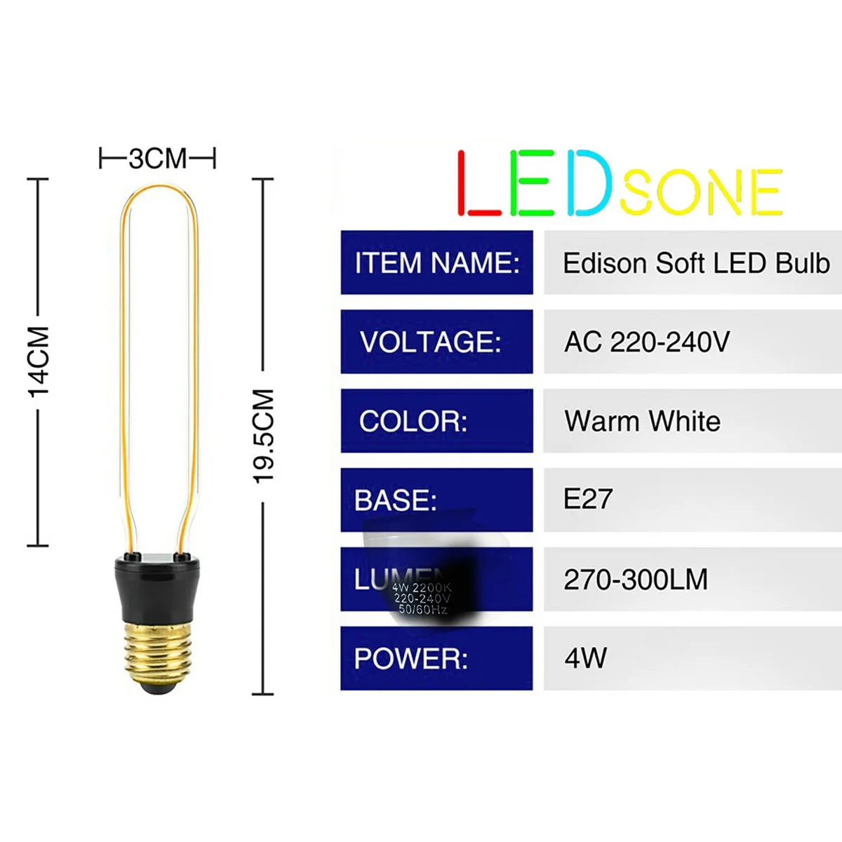 Retro vintage flexible LED filament bulb with E27 base glowing warm yellow light on a dark background