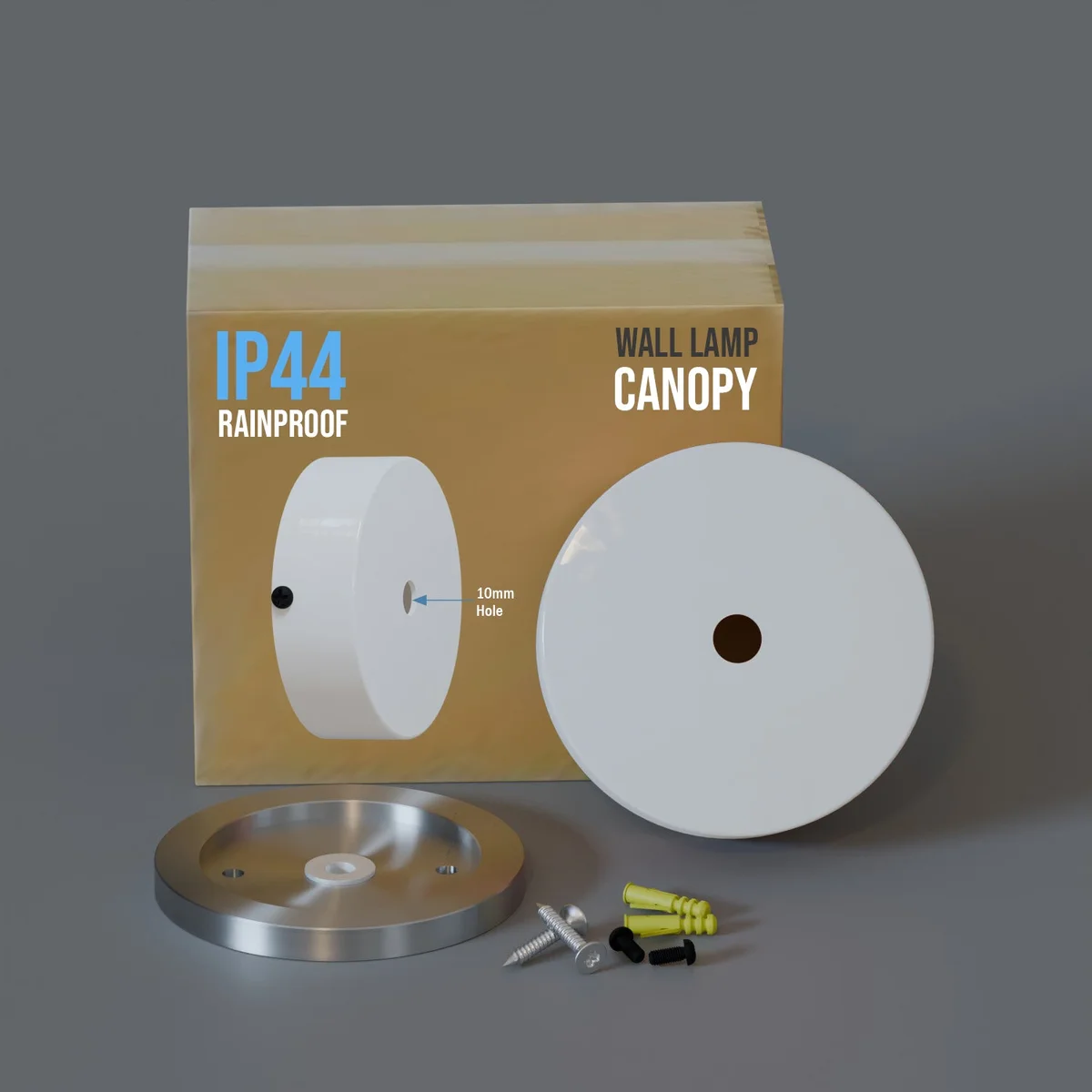 80mm metal rainproof outdoor ceiling rose with single outlet, industrial design, shown installed on ceiling