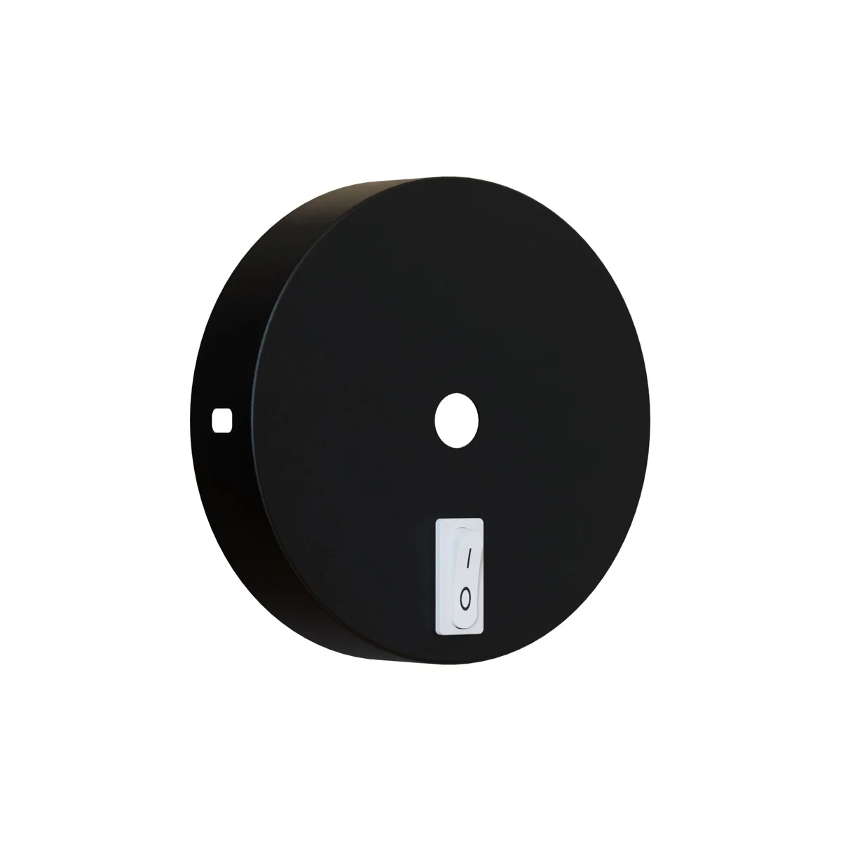 Metal indoor ceiling rose with integrated switch and cable hook hole, designed for easy hanging of wall lights and pendants