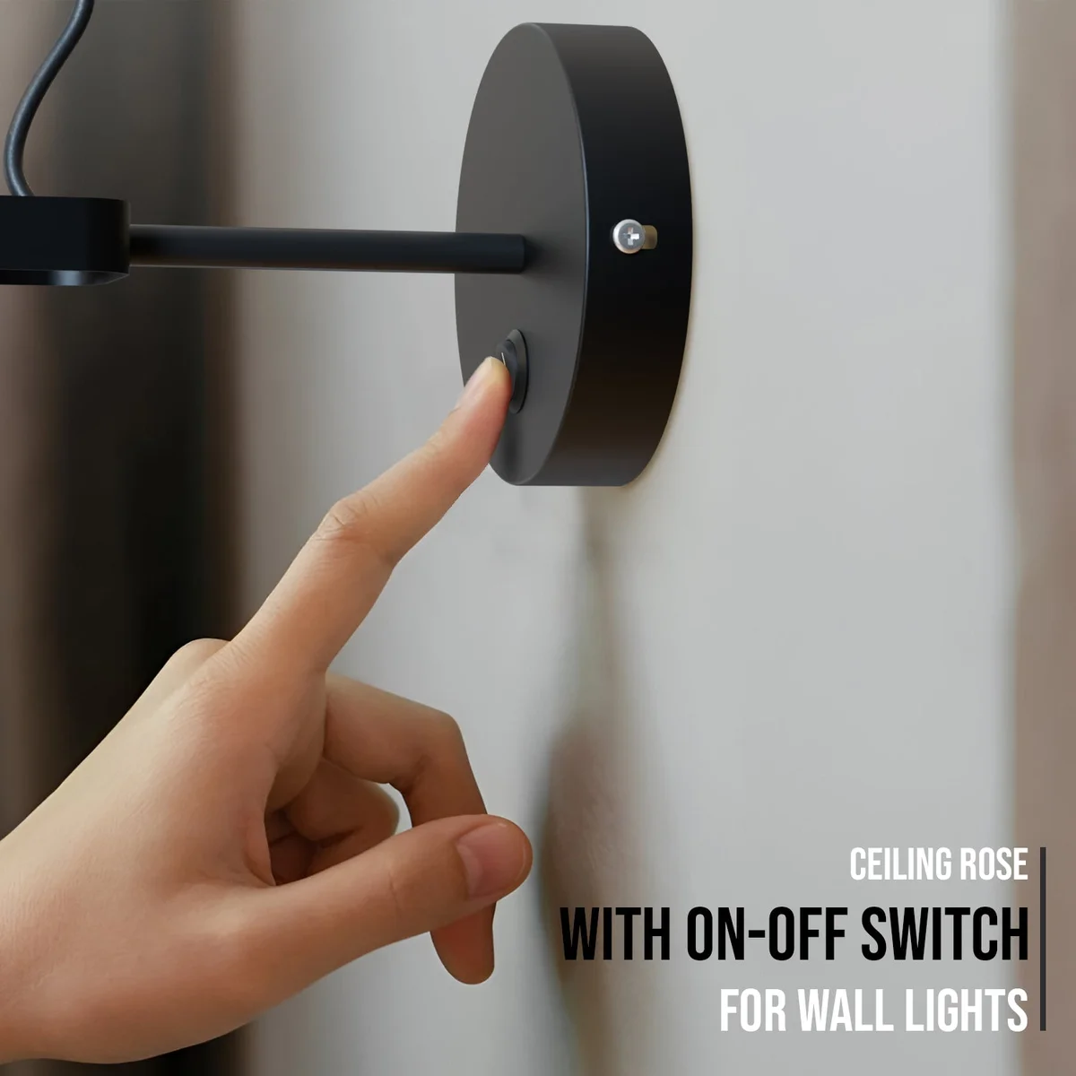 Switched ceiling rose metal fixture with integrated switch and cable hook hole for easy wall light installation