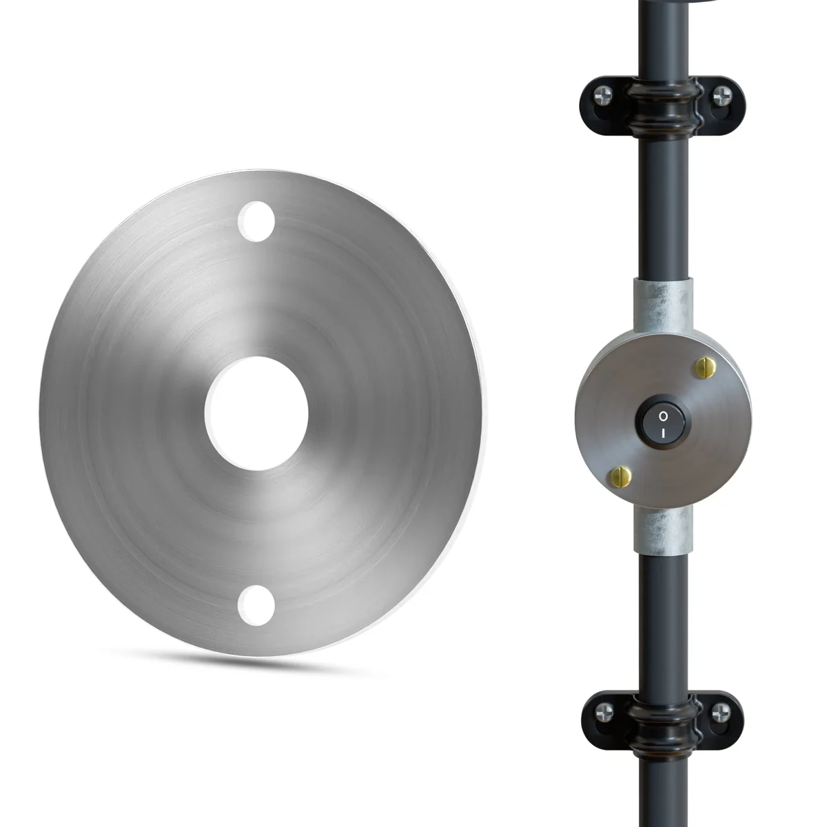 Matte black metal conduit lid with 14mm center hole for 20mm conduit fitting, suitable for electrical installations