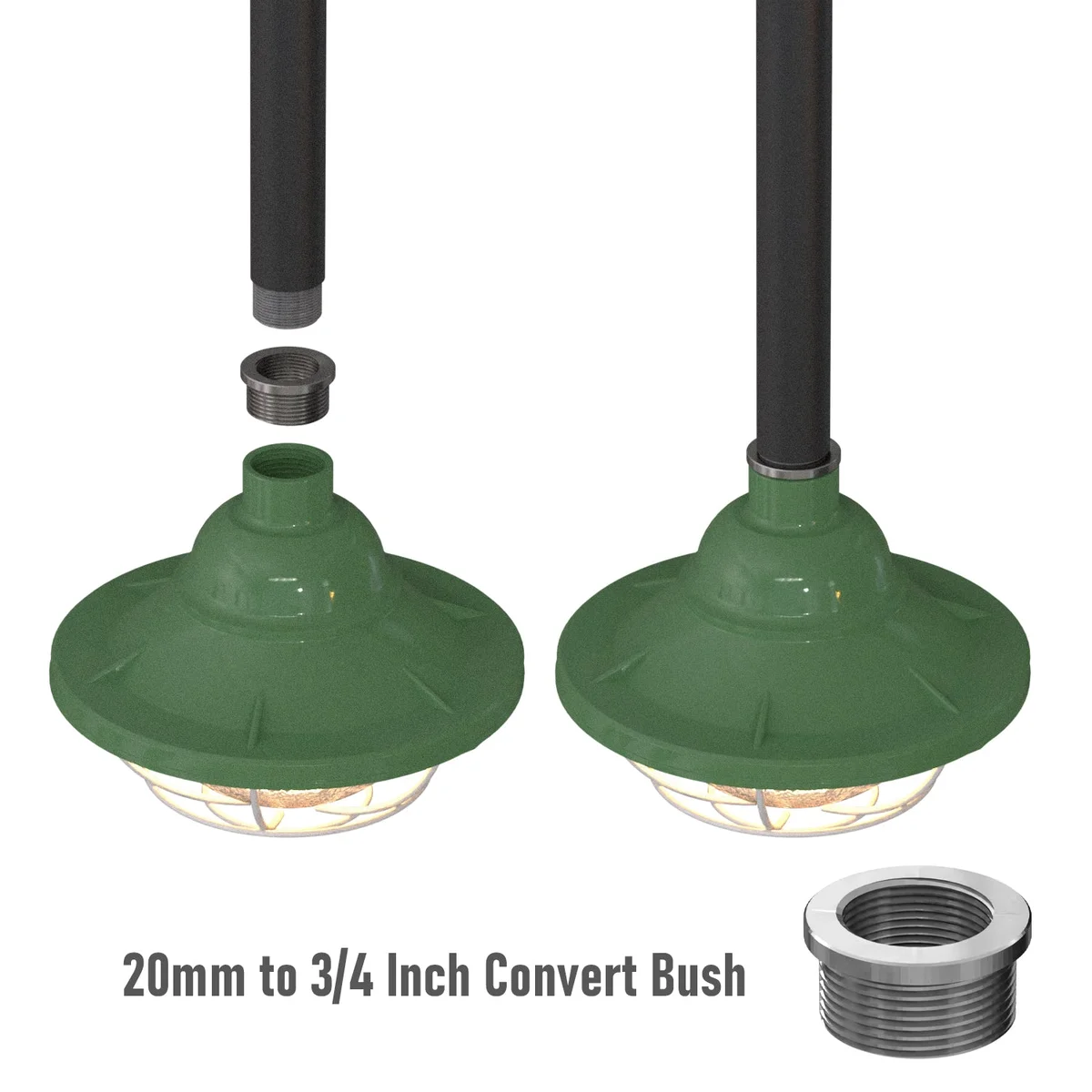 Metal lighting thread converter showing 20mm female to 3/4 inch male threads for industrial-style fittings