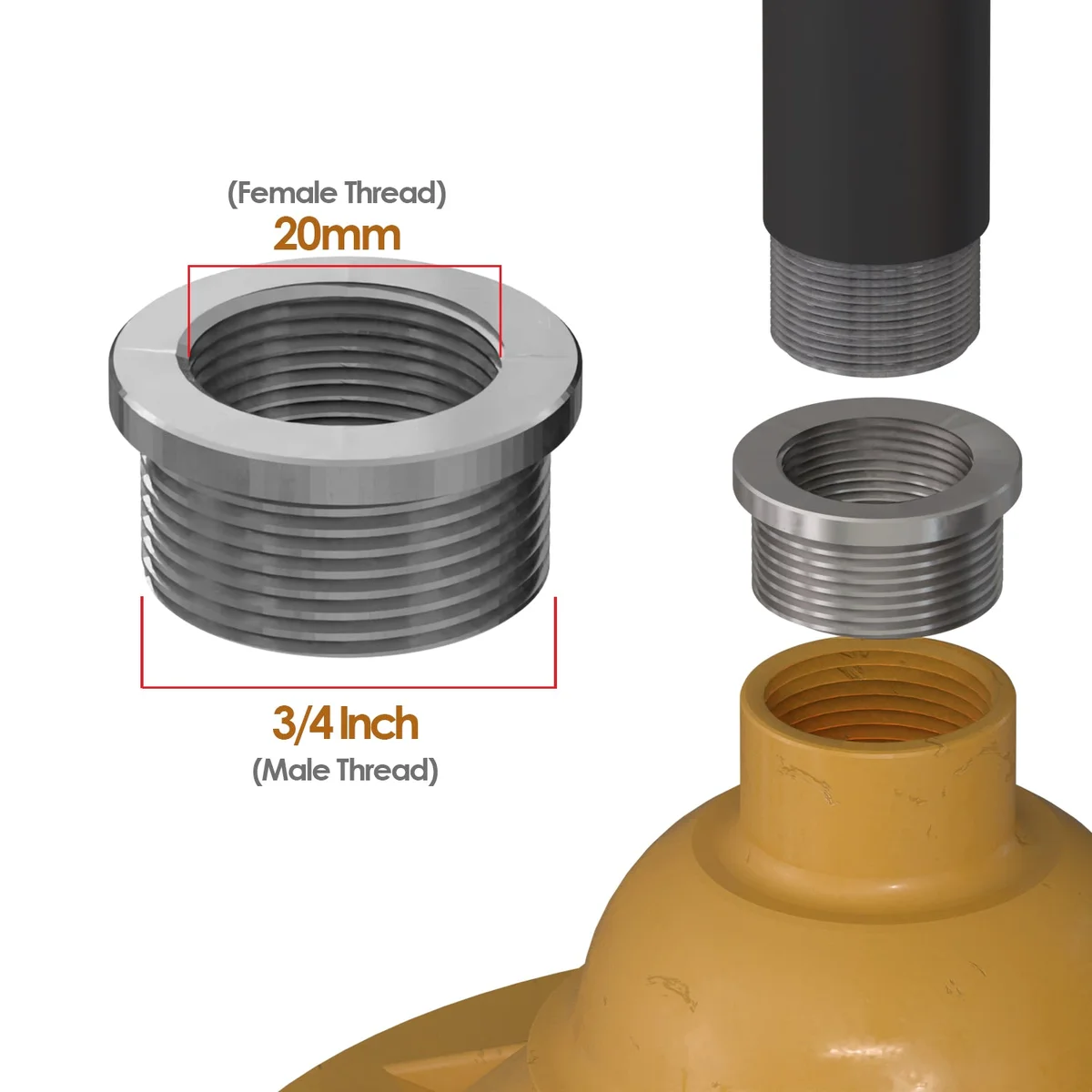 Metal 20mm to 3/4 inch reducer bush converter with female 20mm and male 3/4 inch threads for pipe fitting