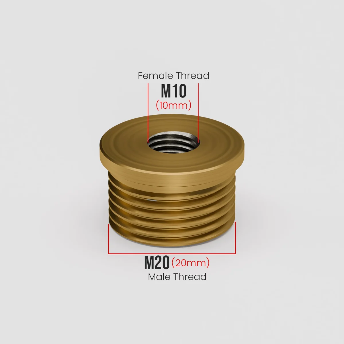 Red metal M20 to M10 pipe connector showing threaded male and female ends for conduit pipe fitting conversion