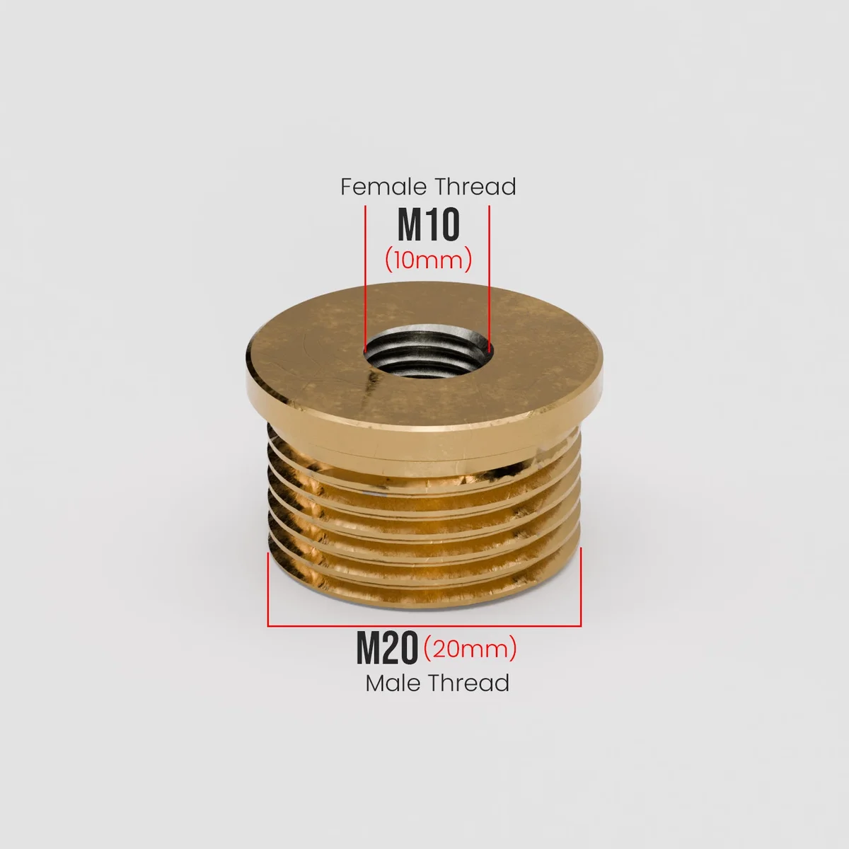 Red metal M20 to M10 pipe connector showing threaded male M20 and female M10 ends for conduit pipe fitting