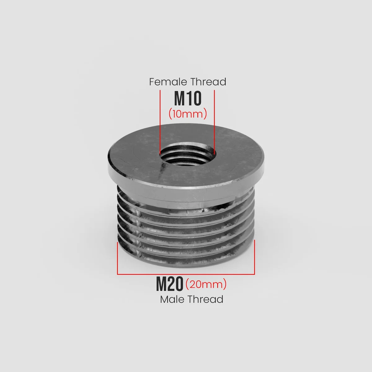 Red metal M20 to M10 pipe connector showing male M20 and female M10 threaded ends for conduit pipes